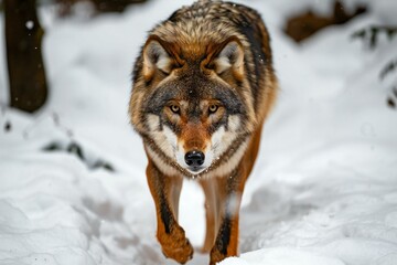 Portrait of a wild wolf (Canis lupus) in winter forest
