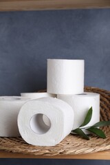 Toilet paper rolls and green leaves on shelf