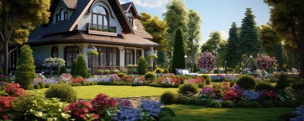 tranquil estate home surrounded by lush green gardens.