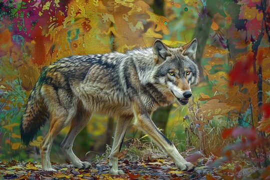 Digital painting of a wolf in the autumn forest, digital painting