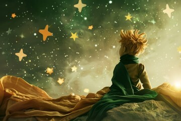 Little Prince gazing at the stars and contemplating the mysteries of the universe.  - obrazy, fototapety, plakaty