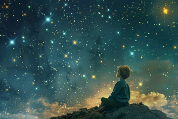 Fototapeta na wymiar Little Prince gazing at the stars and contemplating the mysteries of the universe. 