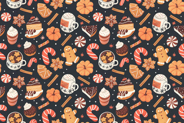 Naklejka premium Cozy winter treats seamless pattern with festive sweets