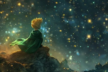 Little Prince gazing at the stars and contemplating the mysteries of the universe.  - obrazy, fototapety, plakaty