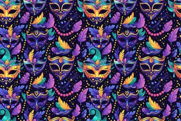 Mardi Gras masks seamless pattern with festive feathers