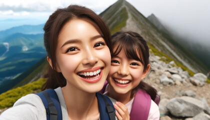 山登りを楽しむ日本人の母と娘