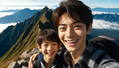 山登りを楽しむ日本人の父と息子