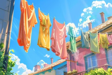 Sunny day with clothes hanging on a line, emphasizing the detergent's ability to provide a deep clean and vibrant results. 