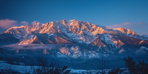 Majestic mountain peak bathed in the warm glow of the golden hour with clear blue sky