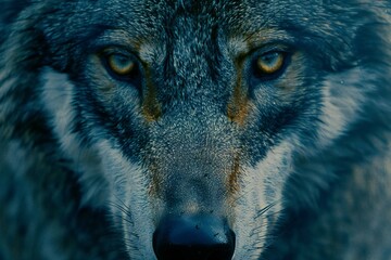 Portrait of a wolf on a dark background,  Close-up - obrazy, fototapety, plakaty
