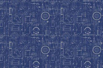 Technical blueprint seamless pattern with engineering drawings