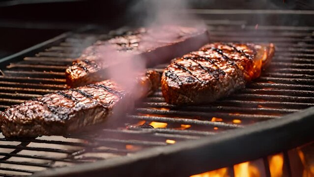 BBQ or barbeque steak ribbes on top of a grill place. It is good activity for spring and summer time. BBQ party meat on the grill in the summer outside. Close up on flames burning and cooking the stea