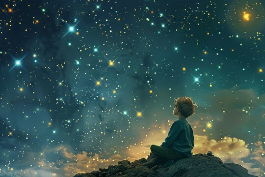 Little Prince gazing at the stars and contemplating the mysteries of the universe. 