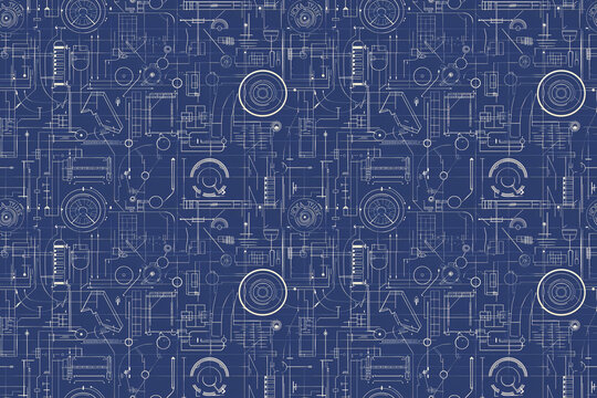 Technical blueprint seamless pattern with engineering drawings
