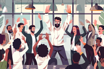 Triumphant Business Leader Celebrating Success with Diverse Team, Victorious Colleagues Cheering and Giving High Fives in Modern Office Setting