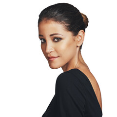 Mockup, happy and portrait of woman with smile for beauty, makeup or cosmetics isolated on white background. Cosmetology, face and confidence of female person for skin care, treatment and dermatology