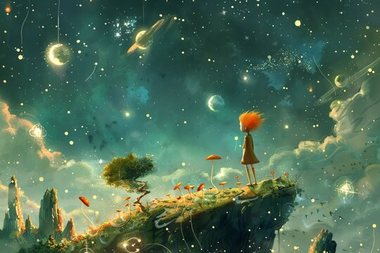 Little Prince exploring whimsical planets, each with its own unique inhabitants and landscapes. 