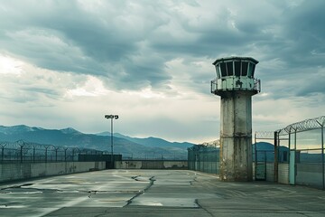 A solitary guard watchtower stands tall within the confines of the prison complex