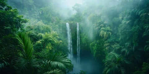 Ethereal view of a fog-covered jungle with twin waterfalls cascading into a hidden pool - obrazy, fototapety, plakaty