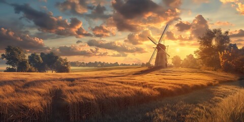 Picturesque scenery of a windmill surrounded by wheat fields during a serene, golden sunset, evoking nostalgia - obrazy, fototapety, plakaty