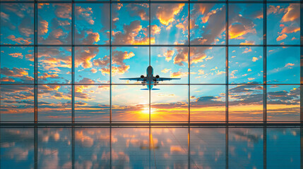 Airplane Silhouette Against Breathtaking Sunset Sky Viewed from Modern Airport Terminal - 785994647