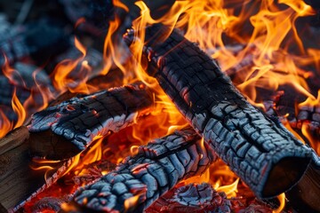 Intense bonfire with engulfed wooden logs, fire close up