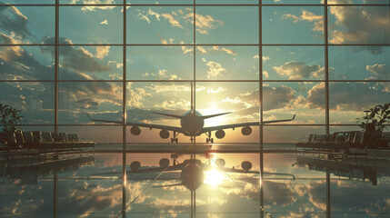 Airplane Silhouette Against Breathtaking Sunset Sky Viewed from Modern Airport Terminal