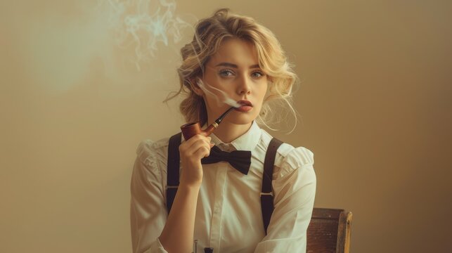 Elegant Woman with Smoking Pipe