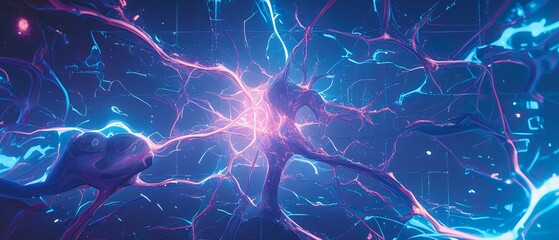 A digital artwork visualizing the nervous system of a frog, with electric hues tracing the pathways of nerves