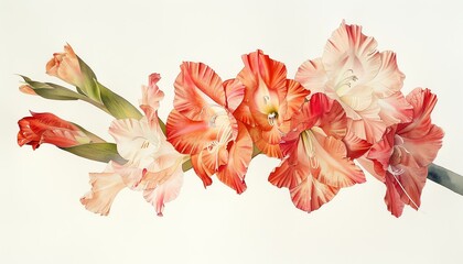 A detailed watercolor of a gladiolus spike, with its swordlike flowers in shades of red, pink, and white - obrazy, fototapety, plakaty