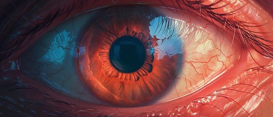 A graphic depiction of a human eyes internal structure, focusing on the retina and optic nerve in vivid detail - obrazy, fototapety, plakaty