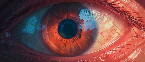 Deurstickers A graphic depiction of a human eyes internal structure, focusing on the retina and optic nerve in vivid detail © Expert Mind