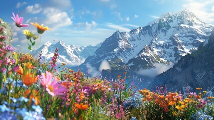 A majestic mountain range draped in a blanket of colorful wildflowers, with rugged peaks piercing the azure sky in a breathtaking display of natural beauty - obrazy, fototapety, plakaty