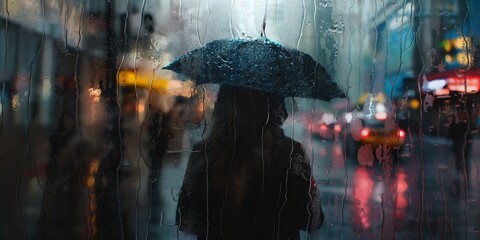 A shadowed figure stands under an umbrella, backlit by the colorful city lights blurred by rain droplets