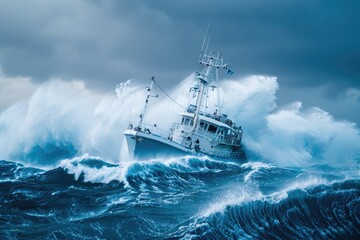 A research vessel facing huge waves in the open ocean