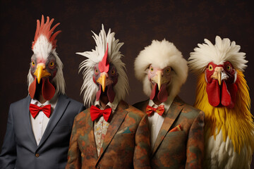 group of 4 people with rooster heads dressed in suits posing looking at the camera.