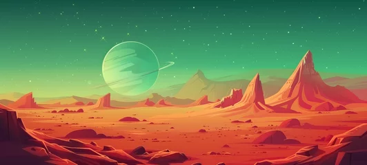 Selbstklebende Fototapete Backstein Mars-like desert landscape under a large ringed planet. Vivid space backdrop for astronomy or science fiction visuals.