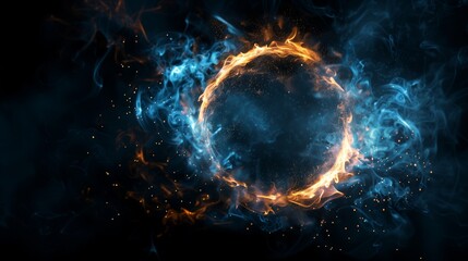 Ethereal sphere with blue and orange smoke. Abstract energy motion effect with sparks for fantasy or science fiction themes. - obrazy, fototapety, plakaty