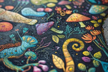 A chalk illustration depicting a enchanted forest teeming with fantastical creatures and magical flora