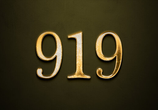 Old gold effect of 919 number with 3D glossy style Mockup.	