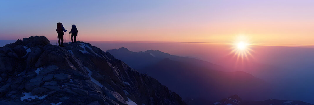  A Couple climber on a mountain peak at dawn that paints the sky with spectacular colors and standing on top of mountain with backpacks on morning sky is a bright orange and the sun peeking over the  