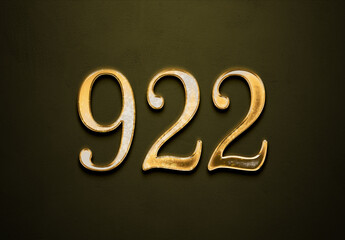 Old gold effect of 922 number with 3D glossy style Mockup.	