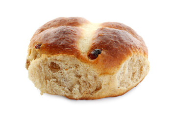 One tasty hot cross bun with raisins isolated on white