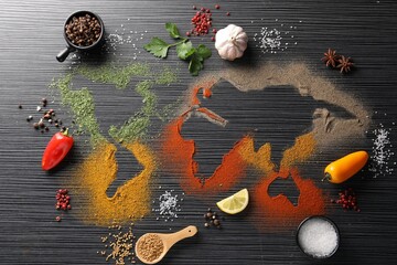 World map of different spices and products on black wooden table, flat lay
