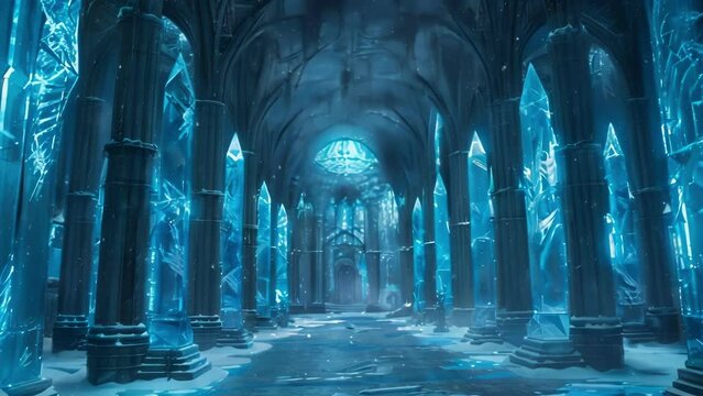 A midnight ceremony commences in a grand ice temple where glowing blue crystals line the walls and the frigid air is alive with the . .