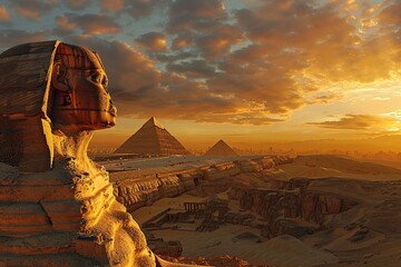 The iconic Great Sphinx by the majestic Pyramids of Egypt, standing sentinel in the sands of the...
