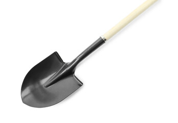 One new shovel with wooden handle isolated on white. Gardening tool