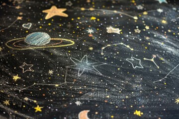 A chalk drawing painting art with a night sky filled with twinkling stars, constellations, and galaxies