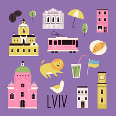 Colorful design with symbols, landmarks, famous places of Lviv, Ukraine.