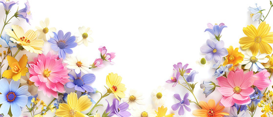 A beautiful banner of colorful flowers on a white background.